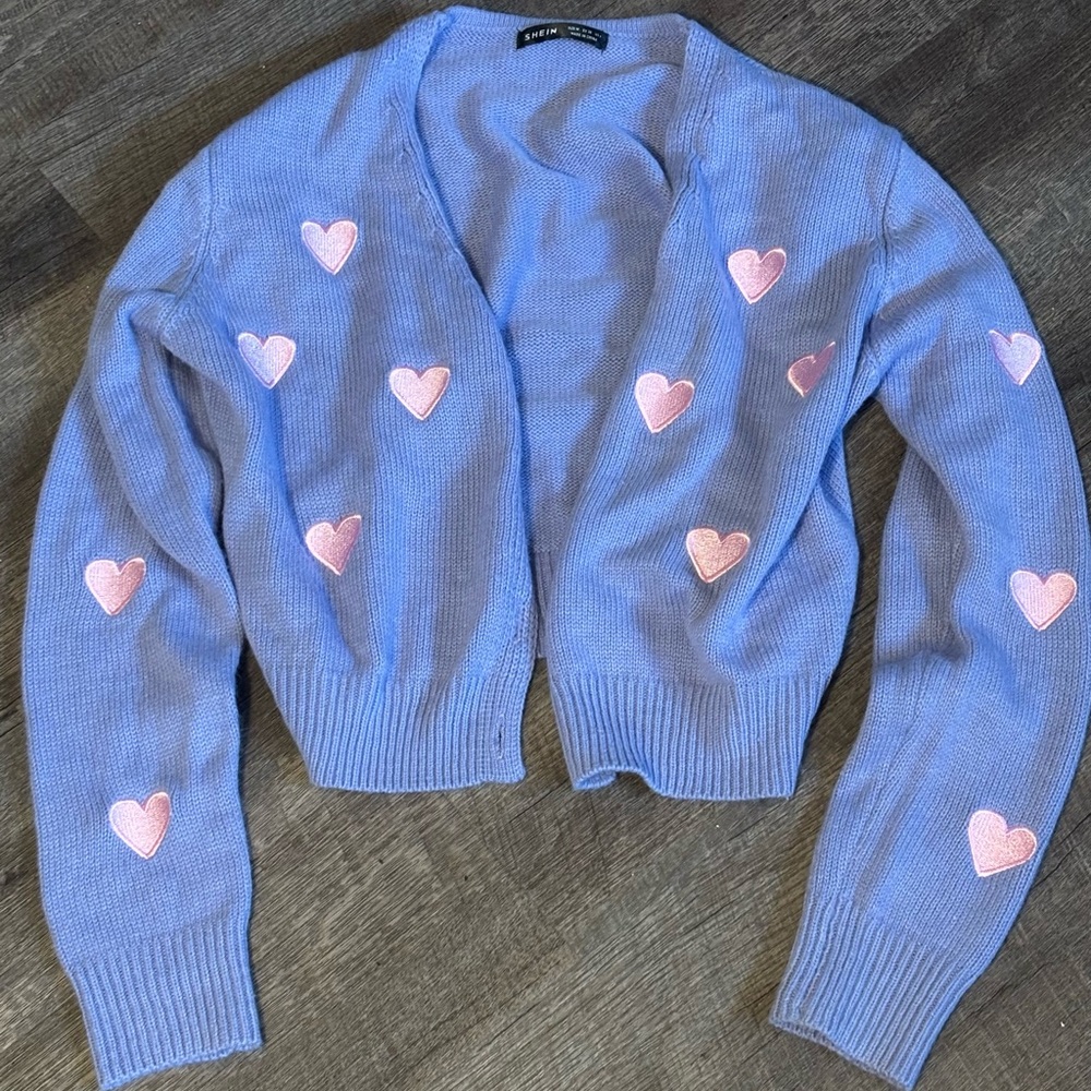 Purple Knitted Cardigan with Pink Hearts